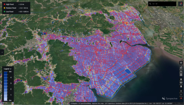 圖：Synspective以衛星技術解析地區淹水狀況（圖為運用於日本九州2021年水災）